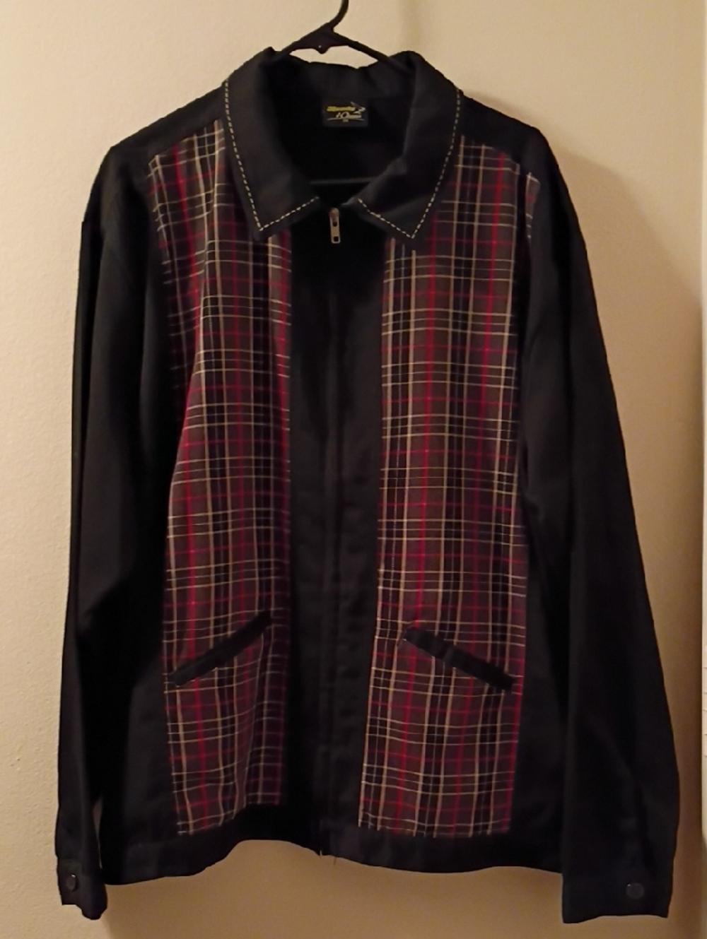 Men's Black Jacket with Red Plaid Panels - Classic Zip Front Punk Vintage Jacket